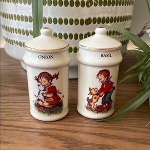 Vintage J.S.N.Y Taiwan Hummel Style Ceramic Spice Jars Onion Basil Children